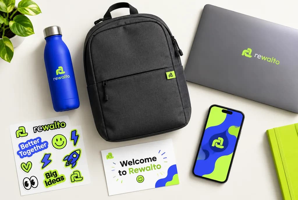 A flat-lay of the Rewalto welcome kit: a blue water bottle, a black backpack, a sheet of stickers, a laptop, a phone showing a Rewalto wallpaper, a lime notebook and a card that says Welcome to Rewalto.