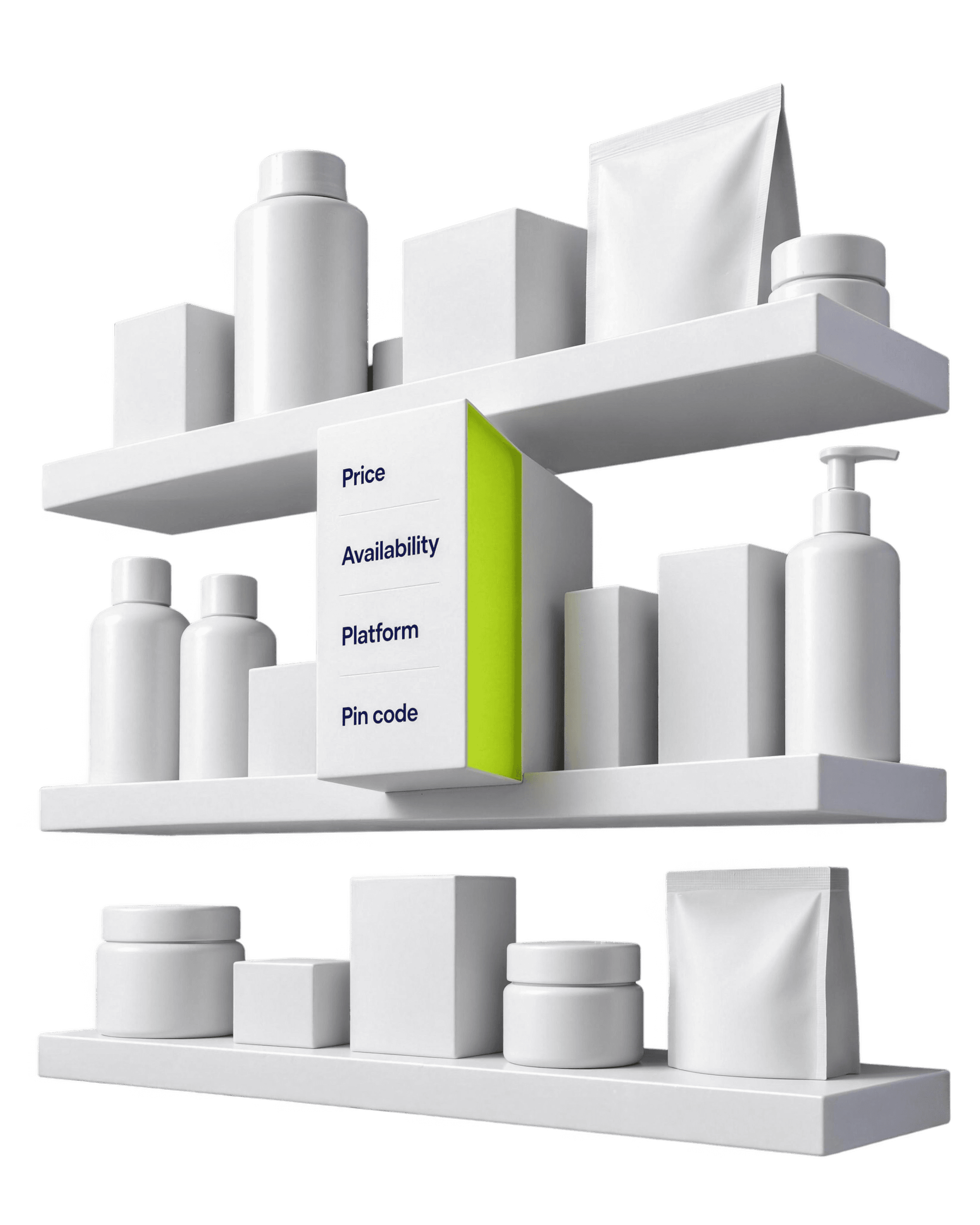 Three white shelves holding plain white product packs. A box on the middle shelf lists what the index reads: price, availability, platform and pin code.